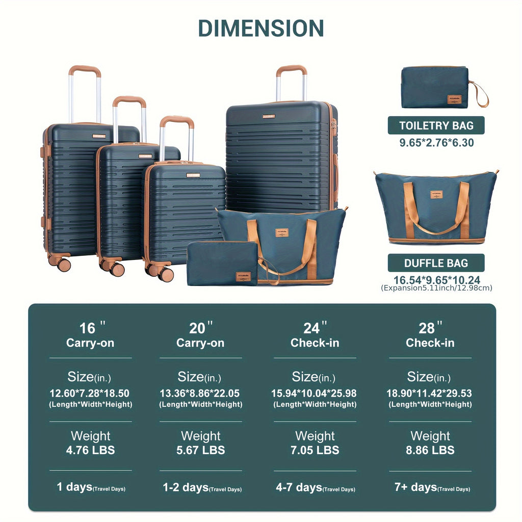 6pcs Luggage Sets with Duffel Bag And Toiletry Bag, Hardside ABS Carry-on And Checked Suitcase Set with TSA Lock, 360° Double Spinner Wheels