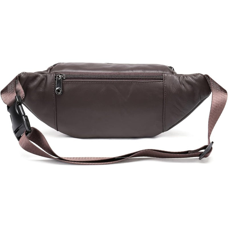 Handmade Genuine Cowhide Belt Bag with Adjustable Strap & -Theft Zipper Pocket - Magnetic Closure, Multiple Compartments, Golden-Tone Hardware, Brown Waist Bag for Men