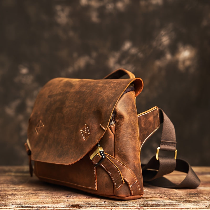 Crazy Horse Leather Men'S Vintage Messenger Bag, Can Be Carried by Hand Or Worn As a Casual Shoulder Crossbody Bag