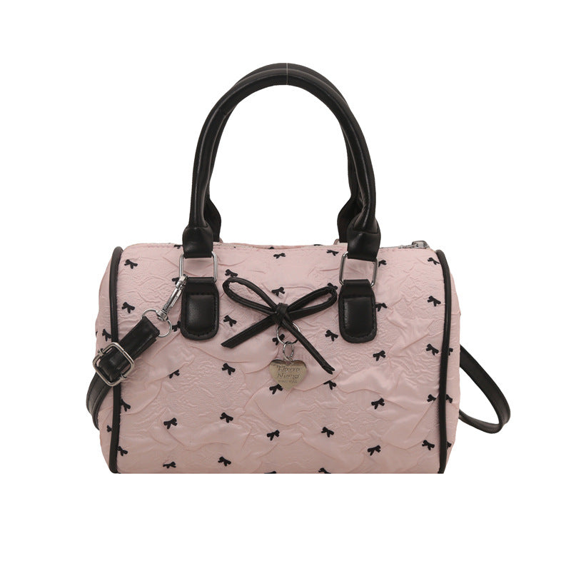 Women'S Korean Style Sweet Bow & Seersucker Handbag - Pastel Pink Nylon with Detachable Strap, Golden-Tone Hardware, Zipper Closure