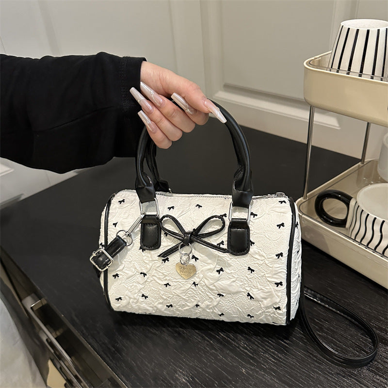 Women'S Korean Style Sweet Bow & Seersucker Handbag - Pastel Pink Nylon with Detachable Strap, Golden-Tone Hardware, Zipper Closure