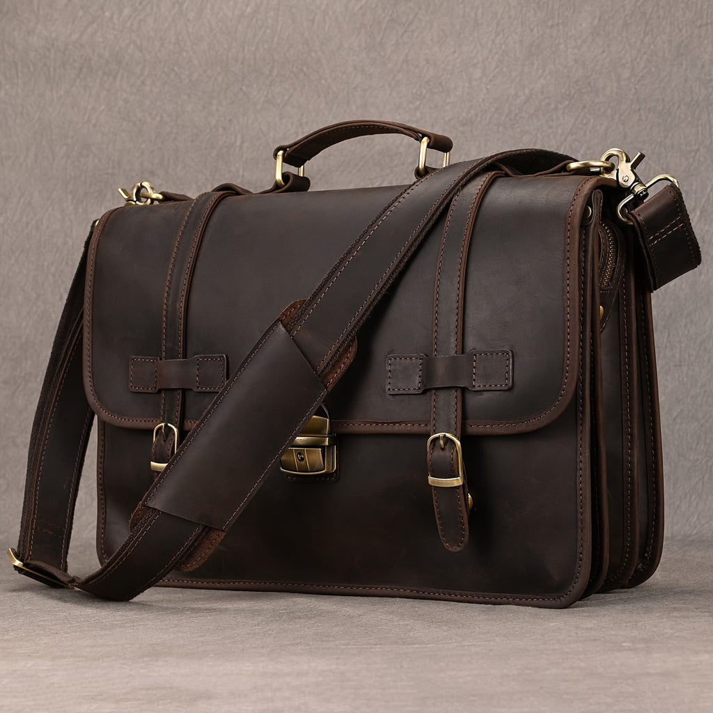 Men's Genuine Leather Briefcase Messenger Bag, Vintage Heavy-Duty Professional Handbag