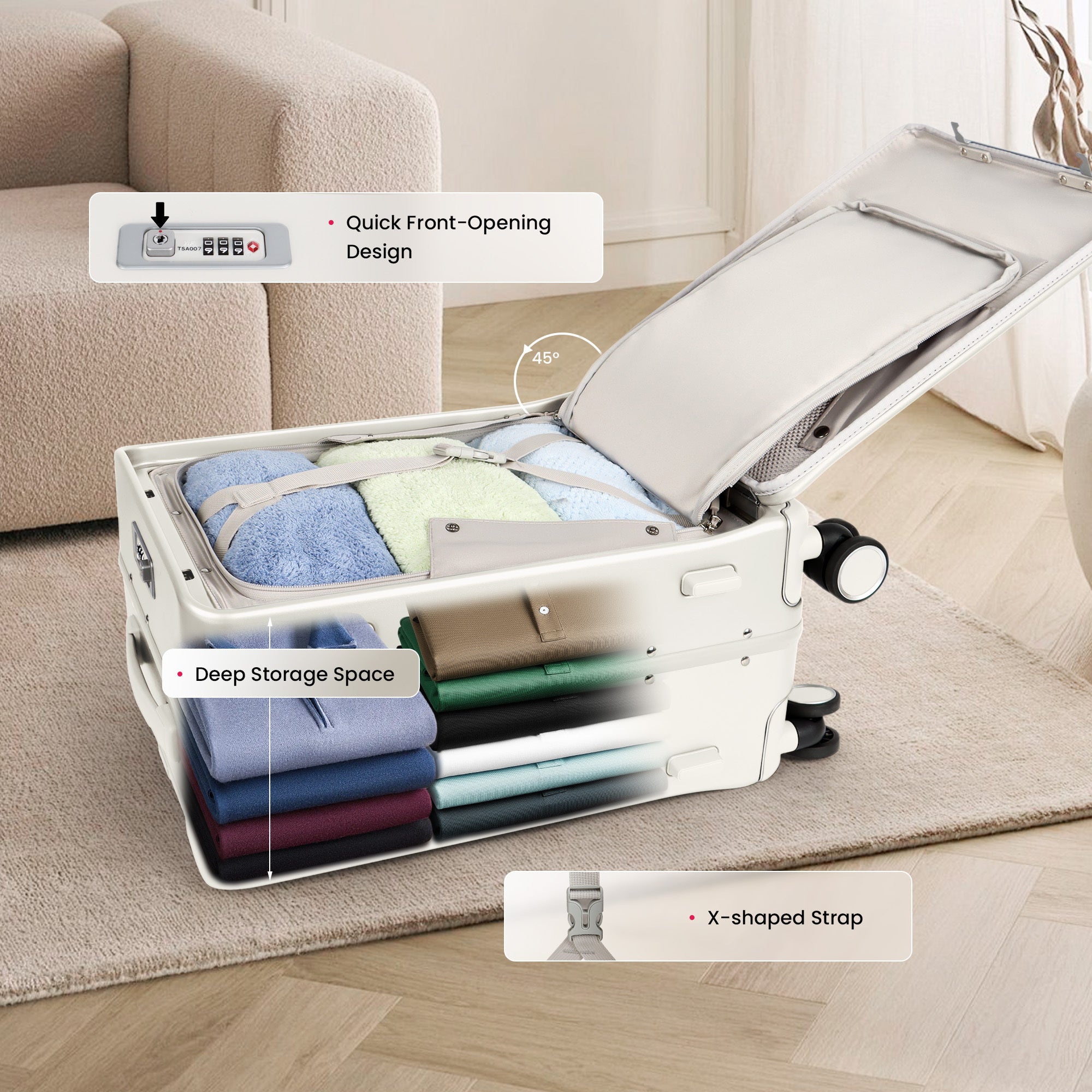 20-Inch Airline Approved Carry On Luggage with Laptop Sleeve, Front Opening, Cup Holder, and Phone Holder, Aluminum Frame Hardside Spinner Suitcase with Tsa Lock