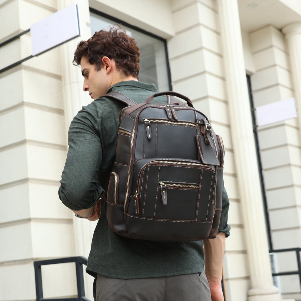 Mens Full Grain Genuine Leather 15.6 Laptop Backpack Large Capacity Weekender Overnight Camping Travel Rucksack 7.93gal