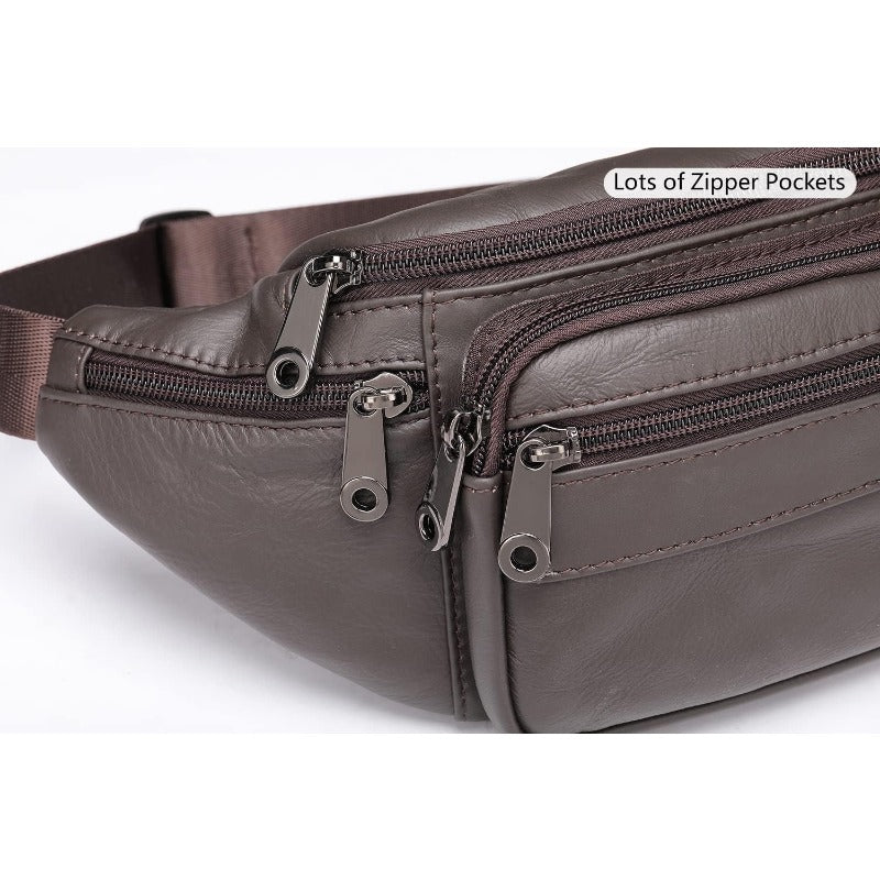 Handmade Genuine Cowhide Belt Bag with Adjustable Strap & -Theft Zipper Pocket - Magnetic Closure, Multiple Compartments, Golden-Tone Hardware, Brown Waist Bag for Men