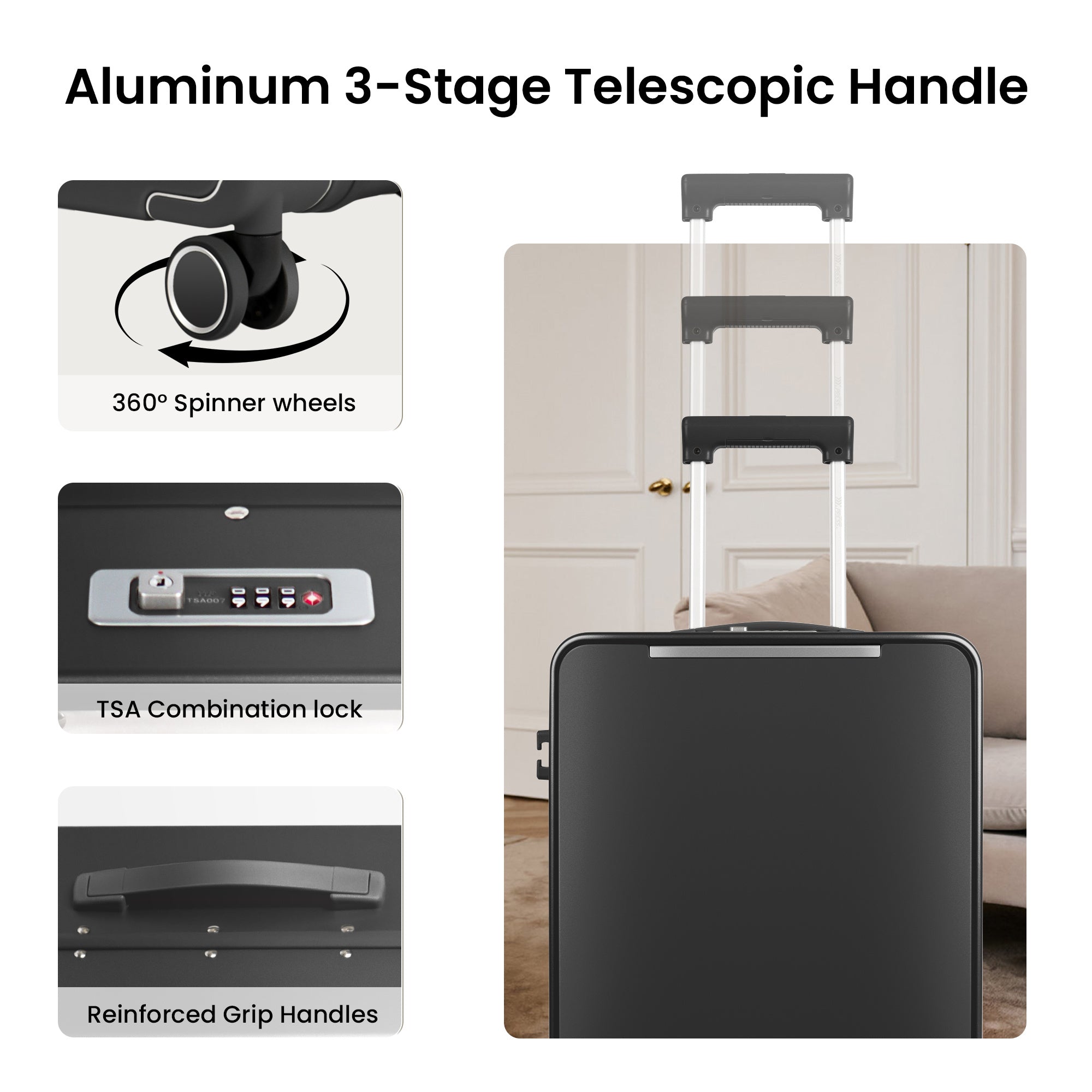 20-Inch Airline Approved Carry On Luggage with Laptop Sleeve, Front Opening, Cup Holder, and Phone Holder, Aluminum Frame Hardside Spinner Suitcase with Tsa Lock