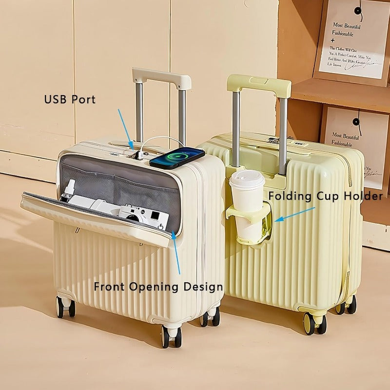 Front Open Carry on Luggage Small Suitcase Carry on Luggage with Cup Holder USB Port Lightweight Travel Suitcase for Man Woman Green 20in