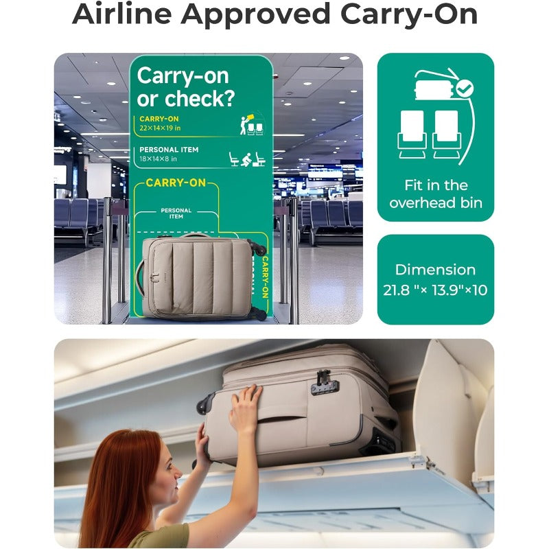 20 Inch Soft Suitcase | Airline Approved, Lightweight Spinner with PVC Wet\Dry Pockets for Short Trip, Camel Color