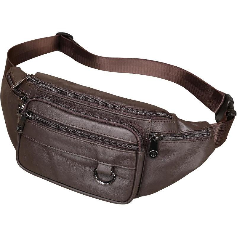 Handmade Genuine Cowhide Belt Bag with Adjustable Strap & -Theft Zipper Pocket - Magnetic Closure, Multiple Compartments, Golden-Tone Hardware, Brown Waist Bag for Men