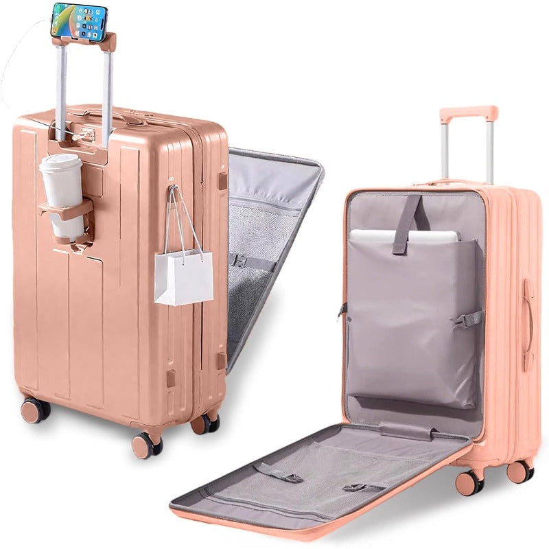 Gets Airline Carry On Luggage with USB Charger & Phone\Cup Holder - ABS+PC Hardshell Suitcase, Front Pocket for laptop, Spinner Wheel Lightweight Travel for Women & Men (Pink)