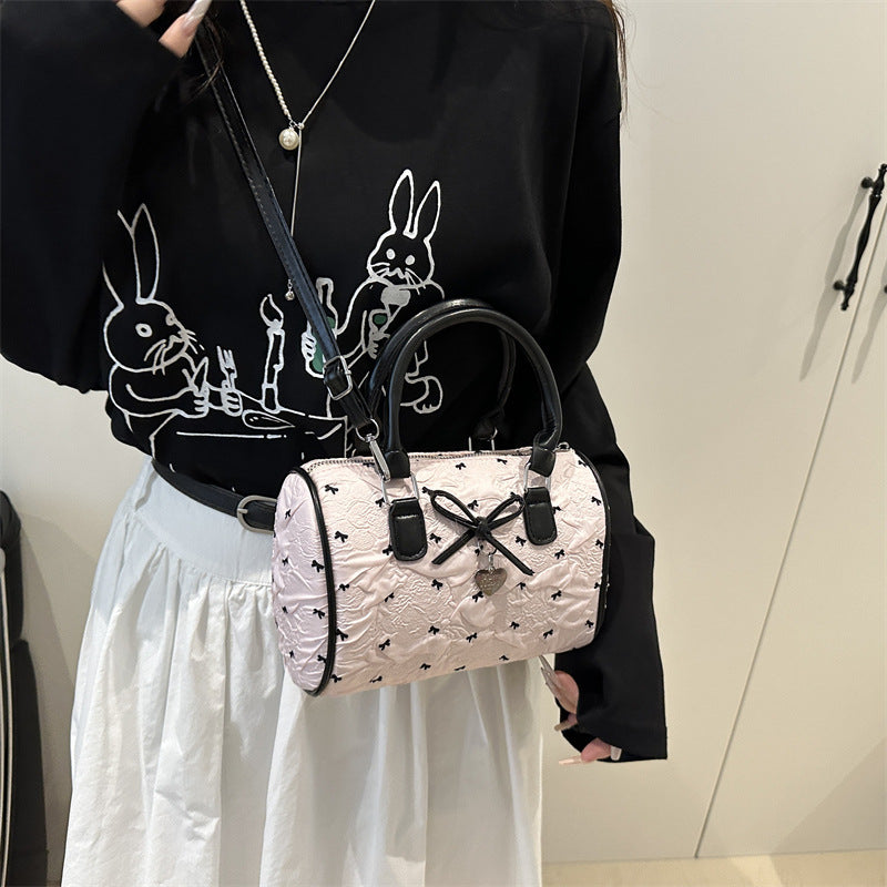 Women'S Korean Style Sweet Bow & Seersucker Handbag - Pastel Pink Nylon with Detachable Strap, Golden-Tone Hardware, Zipper Closure