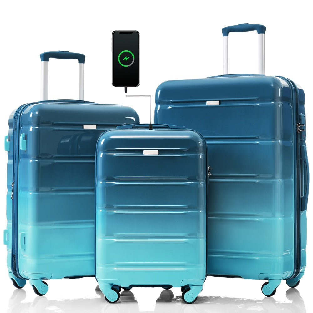 Luggage Set of 3, 20-inch with USB Port, Airline Certified Carry-on Luggage, ABS+PC Hard Shell Luggage with Spinner Wheels