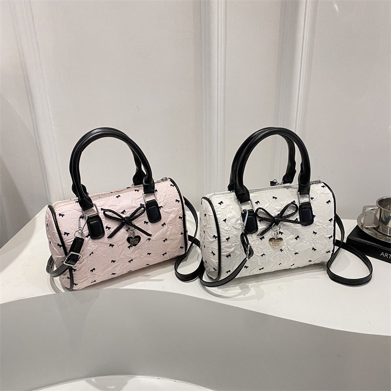 Women'S Korean Style Sweet Bow & Seersucker Handbag - Pastel Pink Nylon with Detachable Strap, Golden-Tone Hardware, Zipper Closure
