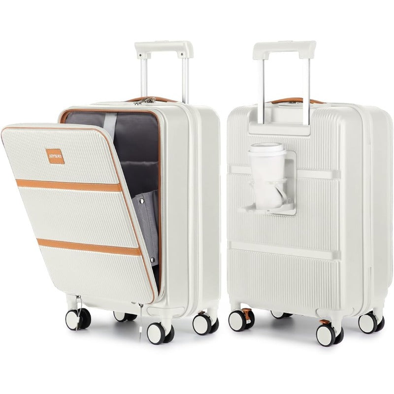 Airline Approved Carry-On Luggage with TSA, Hardside ABS Suitcase, Front Pocket & Cup Holder, Spinner Wheels & Braking System, Laptop Compartment - Lightweight Travel Airplane Compatible for Men & Women (White) 20 Inch