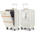 Airline Approved Carry-On Luggage with TSA, Hardside ABS Suitcase, Front Pocket & Cup Holder, Spinner Wheels & Braking System, Laptop Compartment - Lightweight Travel Airplane Compatible for Men & Women (White) 20 Inch