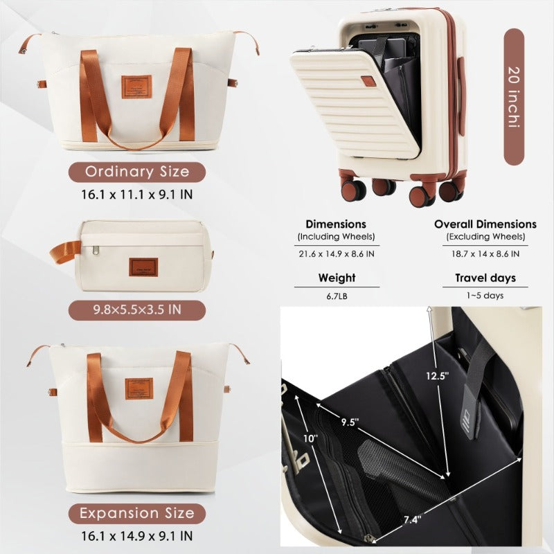 4pcs Luggage Set with USB Charging Ports - 20in Carry-On (Front-Opening for Laptop) 28in Checked Suitcase with TSA Lock Travel Duffel Bag Wet-Dry Toiletry Bag